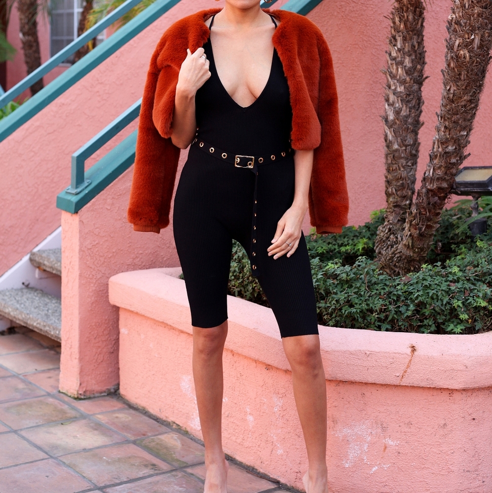 belted biker rompers black